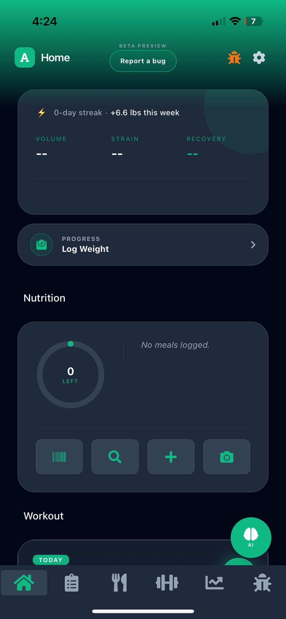 Adptiv app Dashboard screen showing Your AI-powered daily hub with streaks, metrics, nutrition, and workouts at a glance.
