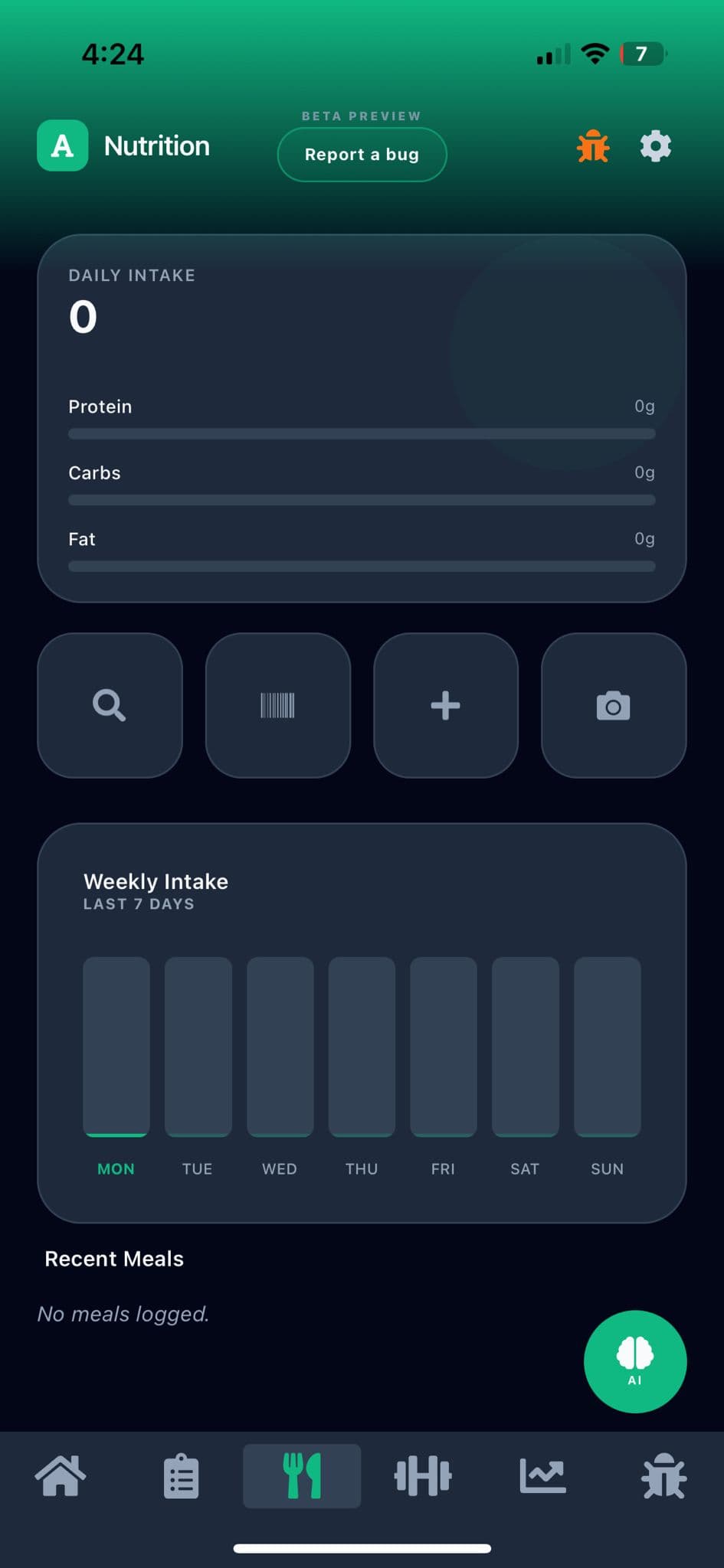 Adptiv app Meal Logging screen showing Log meals by photo, barcode, or search. AI tracks macros and adjusts targets automatically.